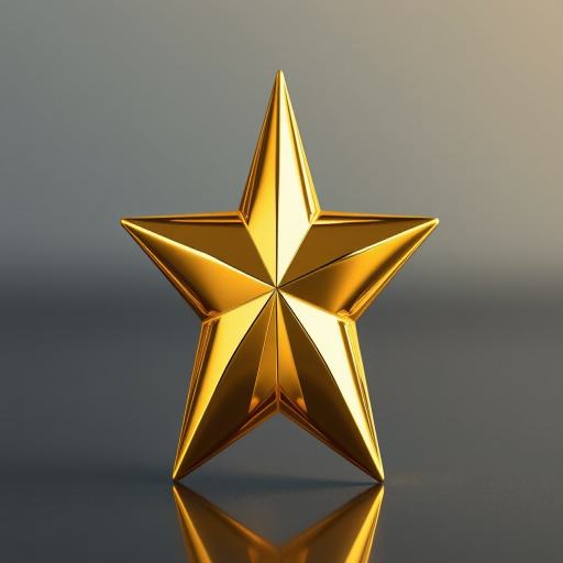 Create a high-resolution image of a three-dimensional golden star with sharp edges and a metallic sheen, using a Canon EOS R camera with a 50mm lens at f/1.8, ISO 100, shutter speed 1/200s, soft lighting to enhance reflections and textures, composition centered with a blurred gradient background.