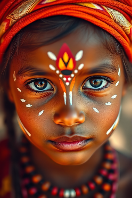 portrait of a young girl with tribal face paint, warm colors, soft lighting, high resolution, DSLR camera, aperture f/2.8, ISO 100, 50mm lens, natural soft focus, shot at eye level, vibrant color palette