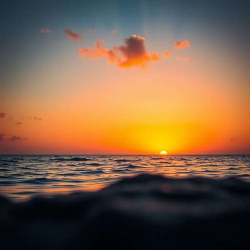 Create a high-resolution image of a sunset over a calm ocean, using a Canon EOS R5, 50mm lens, aperture f/1.8, ISO 100, with a low-angle view and soft focus style for enhanced depth and vibrancy.