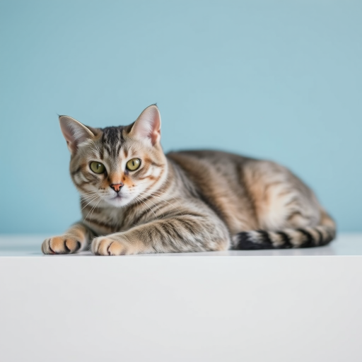 A silver tabby cat lounging on a white surface against a soft blue background, captured with a DSLR camera at f/2.8 aperture, ISO 100, 50mm lens, using a shallow depth of field for sharp focus on the cat and a blurred background.
