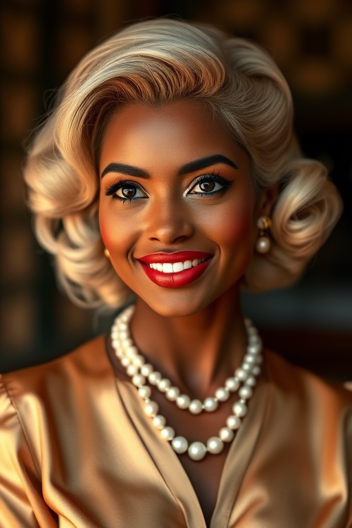 A beautiful Zulu woman reminiscent of 1950s Hollywood glamour, with perfectly styled blonde hair and a seductive smile, dressed in a satin blouse and adorned with pearls, soft and warm tones, photorealistic, 8K