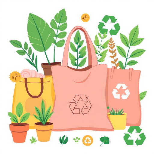 Create a high-quality illustration featuring eco-friendly items like reusable bags, plants, and recycling symbols, using a vibrant color palette; shot with a Canon EOS R5 at f/8, 1/125s, ISO 200, with a clean white background for clarity and depth.