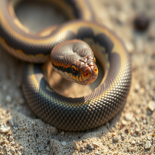 Close-up of a coiled snake on a sandy surface with intricate scales and details, natural light, f/5.6, 1/200s, ISO 100, macro lens, shallow depth of field, DSLR camera, 50mm lens.
