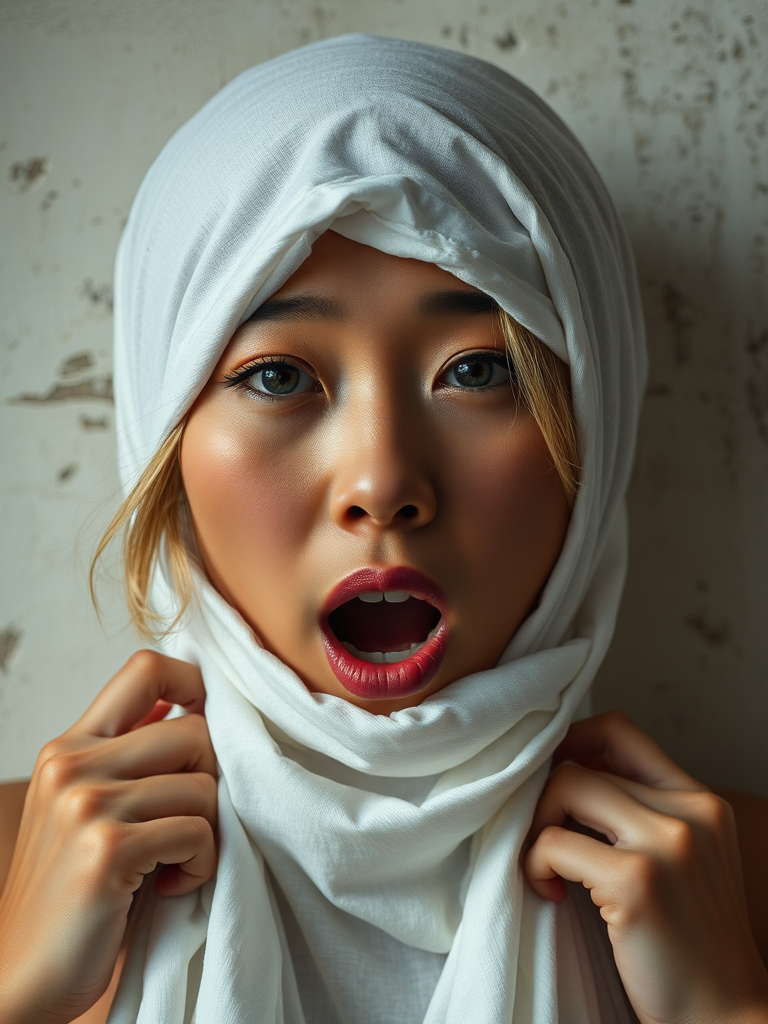 Create a close-up photographic image of a Asian woman with light skin tones shown against an old, worn wall. Their head is wrapped in a white cloth covering (i.e.... parts of the head except the nose and mouth, which are open as if they are screaming...), with a slight texture and visible folds in the fabric. Thin strands of blonde hair escape from the wrapping above, falling lightly at the top and sides. Their hands hold the fabric as if they are tugging nervously. The lighting is dramatic and even, casting strong shadows. The image has a minimalist and surreal style with an emphasis on simplicity with soft color tones. The composition is centered.