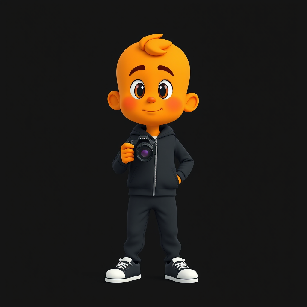 Regenerate a vibrant cartoon character with an orange complexion standing confidently, wearing a black tracksuit and white sneakers, set against a plain black background, using a DSLR camera with a 50mm lens, aperture f/2.8, ISO 100, and soft lighting for enhanced detail.