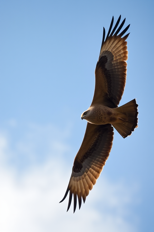Capture a soaring hawk in a clear blue sky with soft clouds, using a DSLR camera set to ISO 400, aperture f/5.6, shutter speed 1/1000s, taken from a low angle with a telephoto lens for enhanced detail and clarity.