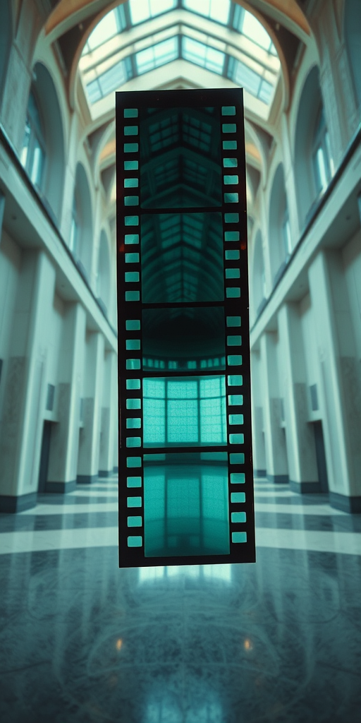 Create an abstract digital artwork featuring overlapping film strips in a surreal architectural space, shot with a Canon EOS R5 at f/8, ISO 100, 50mm lens, wide-angle view, high dynamic range photography.
