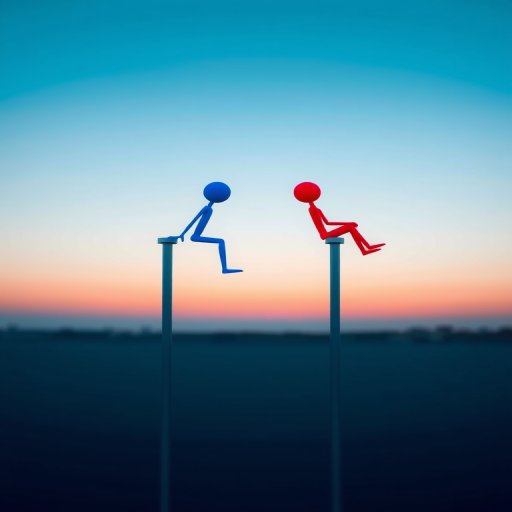 Create a digital illustration of two stick figures, one blue and one red, sitting on separate poles with a minimalist background, shot in HDR using a Canon EOS R5 with a 50mm lens at f/1.8, ISO 100, and a shutter speed of 1/200s for enhanced clarity and detail.