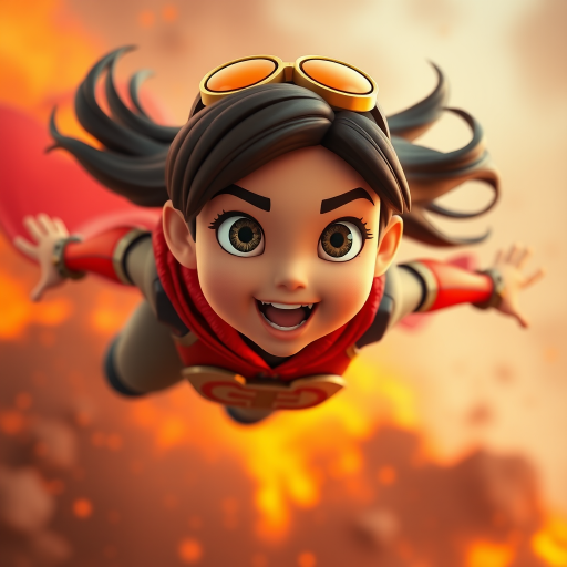A dynamic 3D animated character of a young female superhero flying through a fiery orange and brown background, shot with a Canon EOS R5 at f/4.0, ISO 100, 1/500 sec, wide-angle lens, cinematic lighting for enhanced details and vibrant colors.