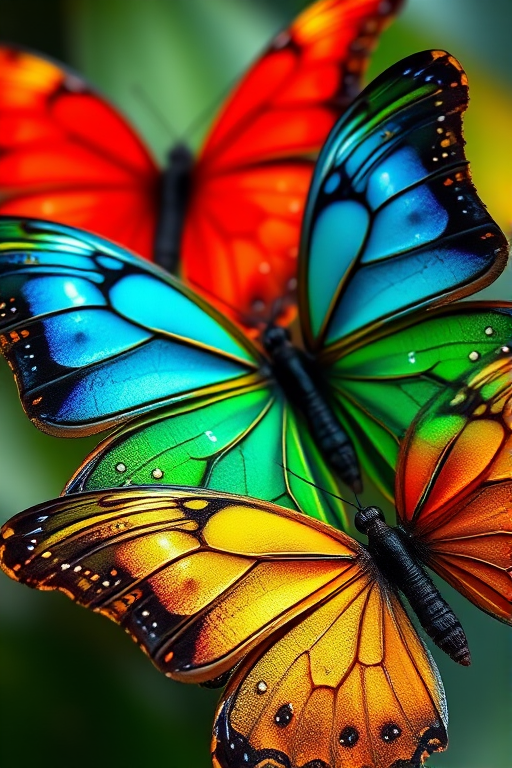 Create a high-resolution digital artwork featuring four colorful butterflies in vibrant hues of red, blue, green, and gold, with intricate dot patterns on their wings, captured with a Canon EOS 5D Mark IV camera, using a 50mm f/1.8 lens, at a shutter speed of 1/200s, aperture set to f/2.8, and ISO 100, in a macro view with a soft bokeh background for enhanced depth and color contrast.