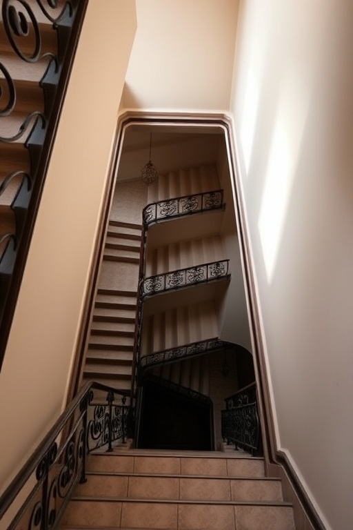 Generate a high-resolution image of a wide staircase viewed from the bottom, with intricate iron railings, using a DSLR camera at f/8 aperture, ISO 100, with a focal length of 35mm, and a slight upwards angle for depth.