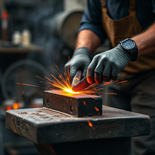 Create a high-resolution image of a blacksmith forging metal at an anvil, capturing the dynamic movement with a close-up camera view, using a DSLR camera with an aperture of f/2.8, shutter speed of 1/250s, and ISO 100 for optimal clarity and color depth.