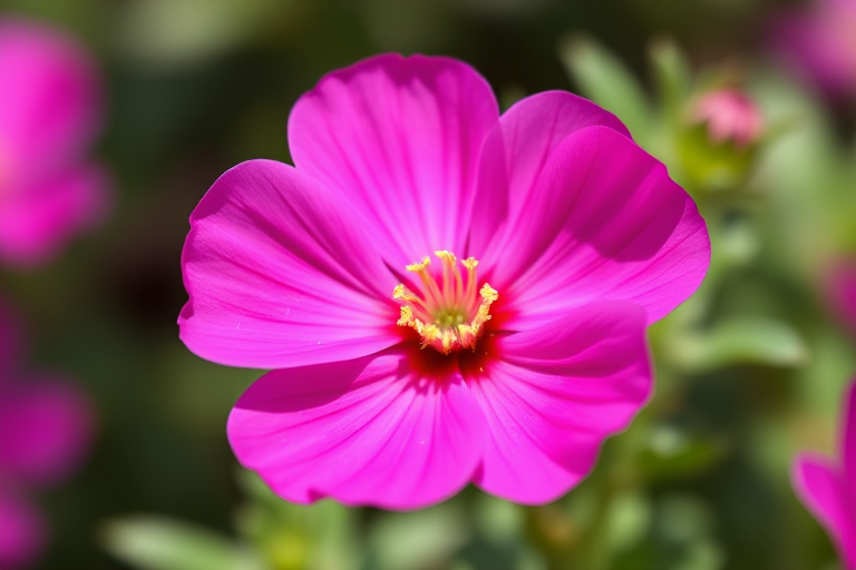 Close-up shot of a vibrant pink flower with delicate petals and a prominent center, using a macro lens, aperture f/2.8, shutter speed 1/200 sec, ISO 100, natural lighting, captured with a DSLR camera.