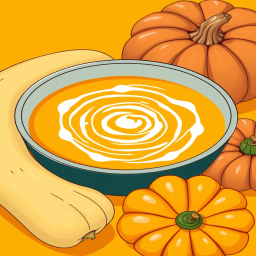 Create a vibrant illustration of a bowl of creamy squash soup with swirls of cream on top, accompanied by a butternut squash and a small pumpkin, set against a warm, solid mustard-yellow background, using a high-resolution digital format, with a close-up view, and soft lighting to enhance textures, mimicking the style of a professional food photography shot using a DSLR camera at f/2.8 aperture and ISO 100.