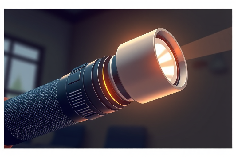 create a detailed illustration of a flashlight with a textured grip and a shiny lens in a well-lit environment, using a Canon EOS R5 camera with a 50mm lens, aperture set to f/2.8, shutter speed of 1/200s, ISO 100, and captured from a slightly elevated angle to highlight the light beam and reflections.