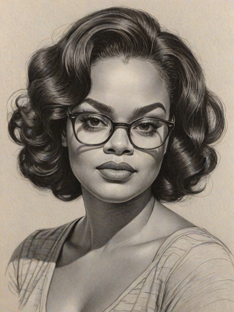 Gorgeous Jill Scott, pencil sketch, portrait of Sublime woman 1951s in glasses, hair style beatnik, outline, clear lines, fine lines, 8k