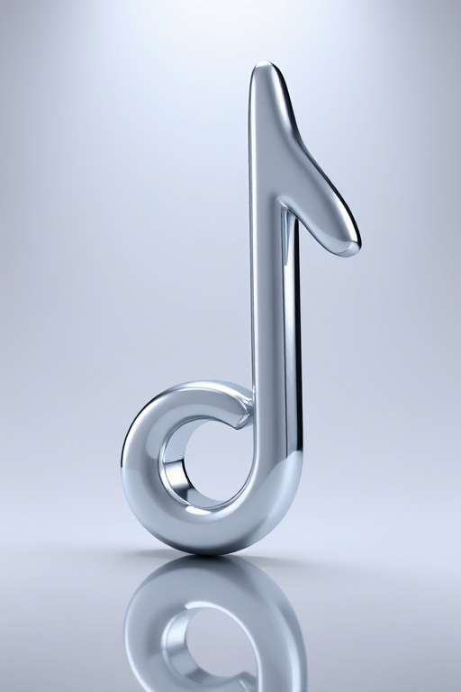 create a glossy 3D illustration of a musical note with a reflective surface, shot using a DSLR camera at f/2.8 aperture, ISO 100, 50mm lens, in a well-lit studio environment with softbox lighting for enhanced clarity and detail.