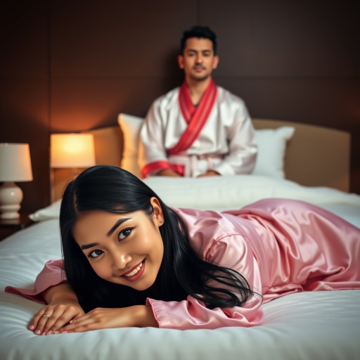 A man and a woman are lying on a bed in a dimly lit bedroom. The woman is in the foreground, lying on her stomach and looking directly at the viewer with a smile. She is wearing a pink silk robe and has long black hair. The man is sitting up in the background, looking directly at the viewer with a neutral expression. He is wearing a white silk robe with a red trim and has short black hair. The bed is white and has a white pillow at the head of the bed. There are two lamps on nightstands on either side of the bed, and the walls are a dark brown. The overall atmosphere is warm and inviting, with a soft focus on the subjects.