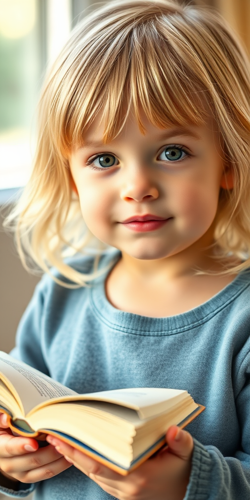 Generate a high-resolution image of a young child with blonde hair holding a closed book, shot in natural light with a 50mm lens at f/1.8, ISO 200, in a portrait view to capture vivid details and soft background blur, using a DSLR camera.