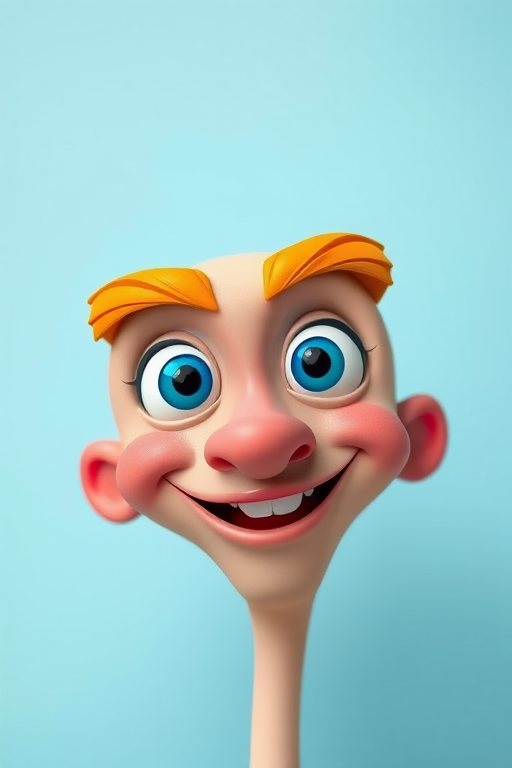 Create a cartoon character face with exaggerated features, bright colors, and a cheerful expression, using a 50mm lens, f/1.8 aperture, 1/200 sec shutter speed, natural light, and a shallow depth of field to enhance details and vibrancy.