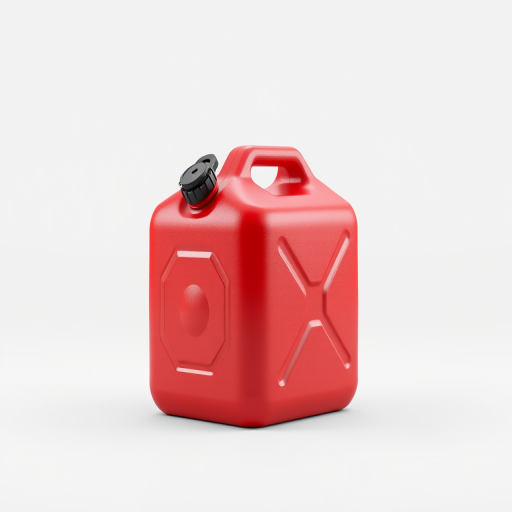 Create a high-resolution 3D rendering of a red jerry can with a black spout, viewed from a slightly elevated angle, using a DSLR camera with a 50mm lens, aperture f/2.8, ISO 100, and focal length 50mm, with soft studio lighting and a white background for an enhanced, realistic look.