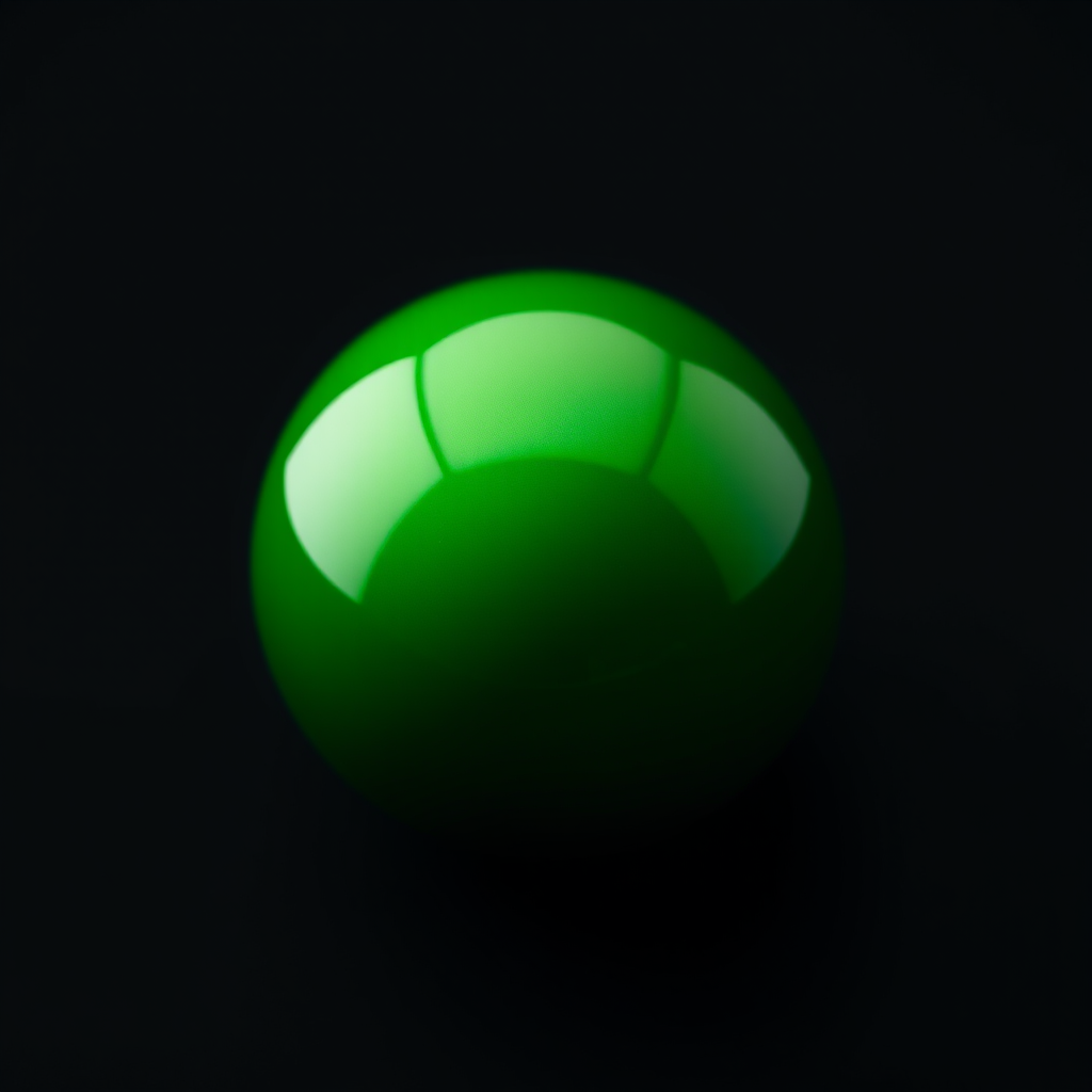 Create a high-resolution image of a glossy green sphere on a black background, camera settings: ISO 100, aperture f/2.8, shutter speed 1/200s, camera view: close-up, camera style: macro, camera type: DSLR.