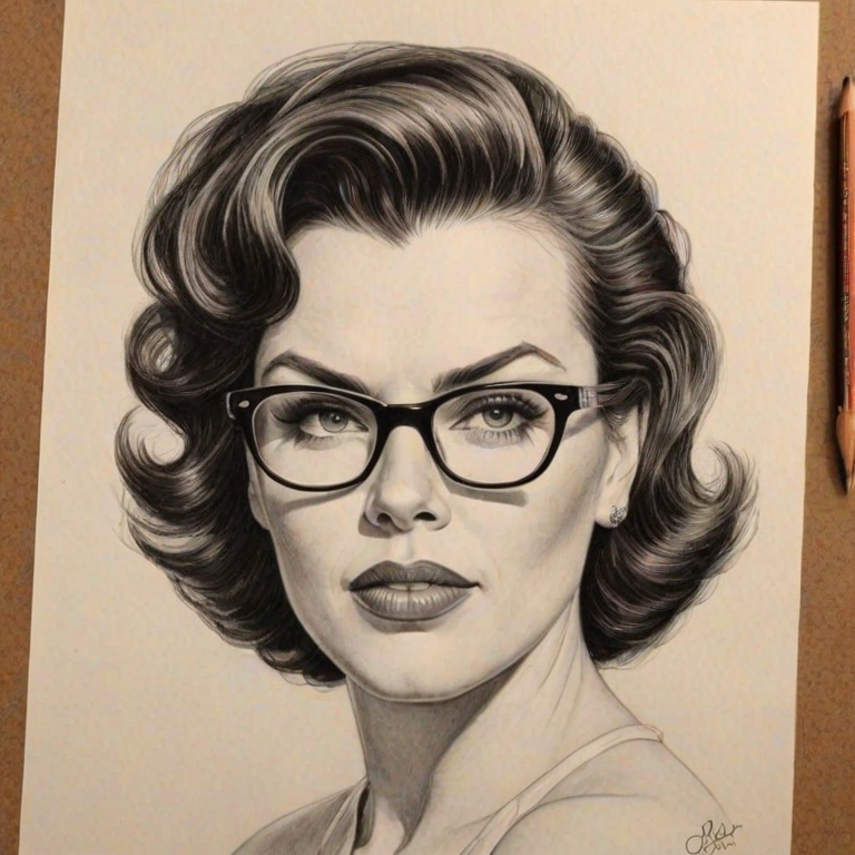 Radiant Debi Mazar, pencil sketch, portrait of Ravishing woman 1953s in glasses, hair style beatnik, outline, clear lines, fine lines, 8k