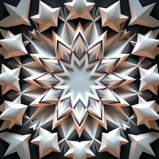 create a 3D geometric pattern of layered star shapes arranged in a grid, high contrast lighting to emphasize depth, captured with a DSLR camera, f/8 aperture, ISO 100, 50mm lens, top-down view, digital rendering style