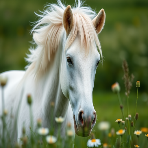 Capture a close-up of a white pony grazing in a lush green meadow with wildflowers, using a Canon EOS 5D Mark IV, 50mm f/1.8 lens, aperture f/2.8, ISO 100, and a shallow depth of field for a soft background blur.
