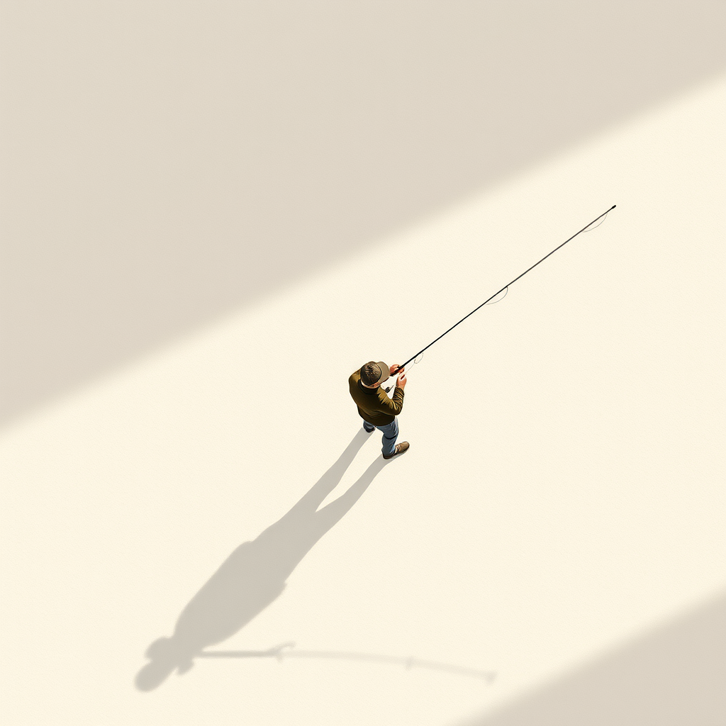 regenerate an illustration of a person fishing with a line, casting a shadow on textured paper, with soft lighting, using a Canon EOS R5, 50mm lens, f/2.8 aperture, ISO 100, top-down view, minimalist style