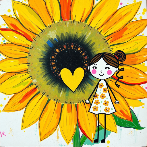Stylized impressionism painting of a large sunflower with an oversized center and colorful petals. Beside, a young female character with eyes represented by dots and a mouth by a line, pink cheeks, hair attached, arms and legs a black line, flowery white dress triangle shape. A yellow heart surrounded by a black line between the two. Textured background with touches of colorful paint. Childish style.