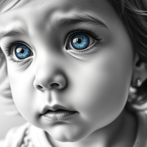 A hyperdetailed photorealistic black and white sketch of a beautiful toddler with deep blue eyes, with a macro focus