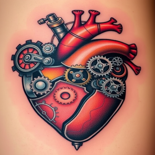 Steampunk mechanical heart tattoo, "Clockwork Pulse," depicting an anatomical heart composed of intricate gears, cogs, and pistons in various metallic shades, with subtle pops of color to represent life and energy flowing through the machinery