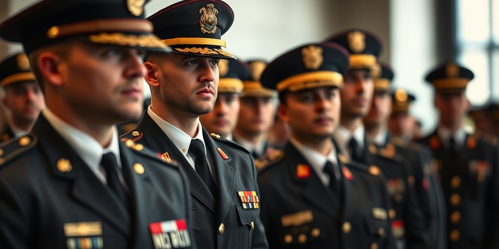 Create a high-resolution image of military officers in formal attire, capturing them in a well-lit environment with depth of field, use a DSLR camera at f/2.8, 50mm lens, ISO 100, 1/200s shutter speed, with a slight vignette effect for focus enhancement.