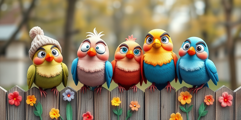 create a scene of 4 quirky  whimsical colourful comical birds each with a funny expression. they are sat on a wooden fence with colourful flowers. they are all different sizes. each one is a different colour  one is wearing a woolly hat. Each one has a different quirky google expression and there is a muted background of trees watercolour paintierly style high definition 8k resolution 3D paper mache
