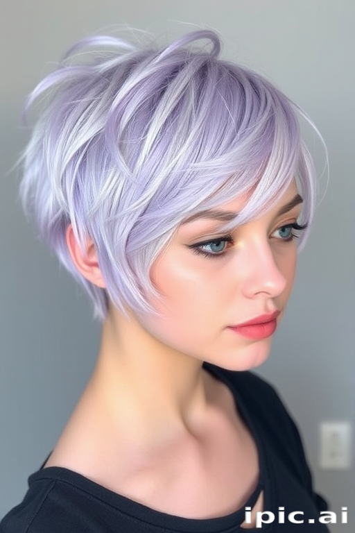 Pastel lavender pixie cut with soft, feathered layers and wispy bangs embodies the whimsical "Lilac Dream" style, incorporating delicate silver-white highlights that add a ethereal sheen to the textured crop, creating a fairytale-inspired look that exudes both playfulness and sophistication