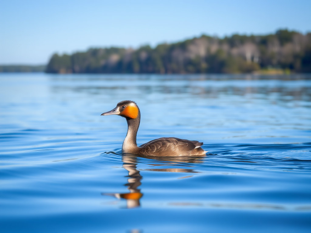 a grebe swimming on a calm lake with rippling water and a clear blue sky in the background