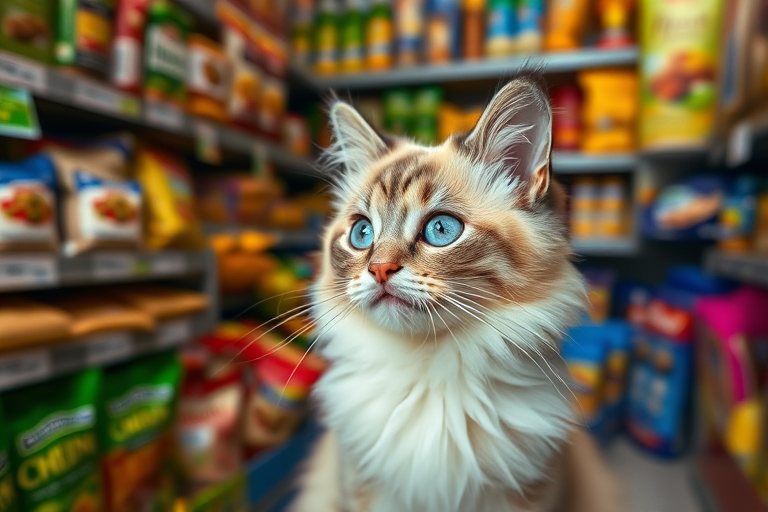 A fluffy cat with striking blue eyes and a cream and gray coat is looking curiously to the side in a store filled with various food items and colorful packaging in the background.