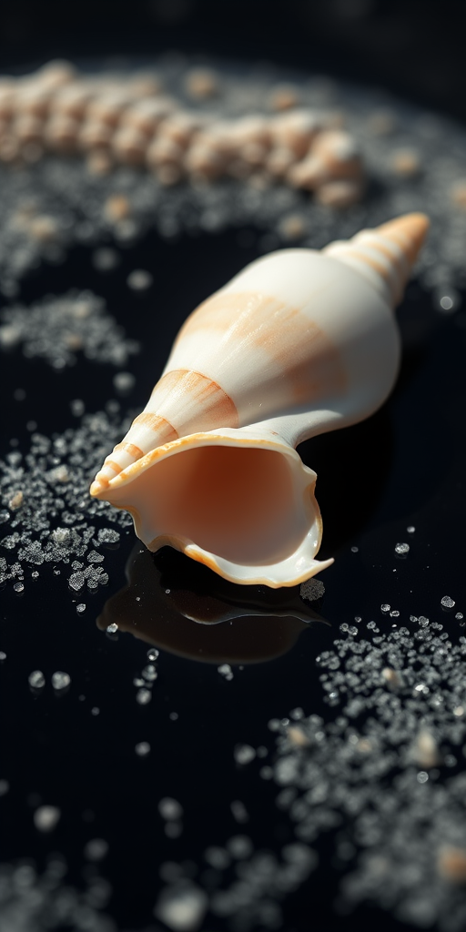 close-up of two seashells on black reflective surface with fine sand around them, natural lighting, aperture f/2.8, shutter speed 1/100s, ISO 200, macro lens, DSLR camera, shallow depth of field