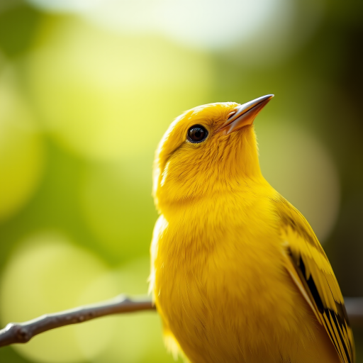 close-up shot of a yellow bird in natural light, shallow depth of field, f/2.8 aperture, ISO 100, 1/200 sec shutter speed, 85mm lens, DSLR camera, soft bokeh background