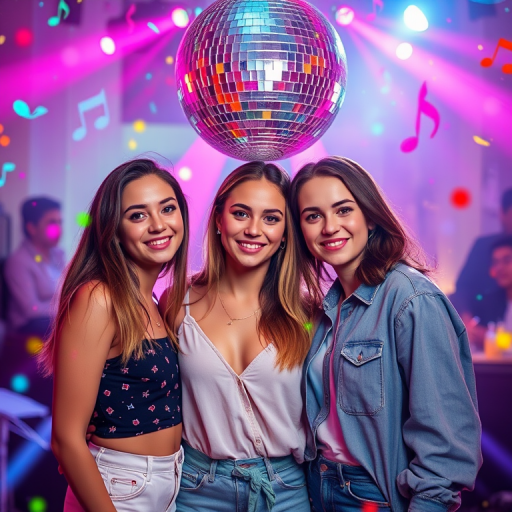 Create a vibrant party scene with three young adults posing in front of a disco ball, surrounded by colorful music notes and abstract light effects, using a Canon EOS R, 50mm lens, f/1.8 aperture, ISO 200, and soft-focus background for enhanced clarity and brightness.