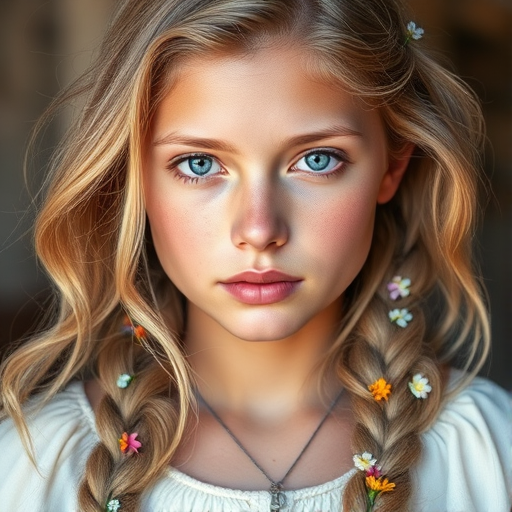 Create an image of a young Inca woman with long, wavy blonde hair, adorned with small, colorful flowers woven into her braids and loose strands. Her complexion is fair, with soft, glowing skin, and she has light blue eyes that gaze softly at the viewer. She wears a light, flowing dress with a gentle, ethereal quality, complementing her delicate and serene appearance. The background is slightly blurred, drawing focus to her tranquil expression and the intricate details of the flowers in her hair. The overall mood of the image is one of natural beauty and grace, evoking a sense of peacefulness and connection with nature.