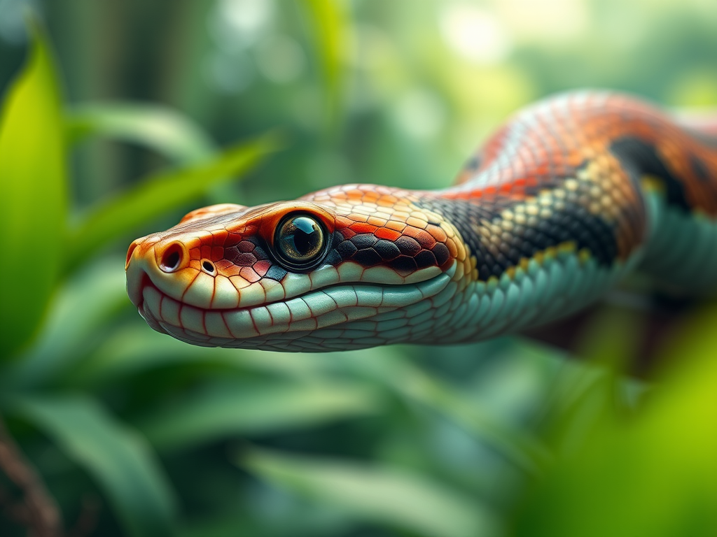 Regenerate a detailed and high-quality illustration of a snake in a natural tropical setting, using a Canon EOS R5 camera with a 50mm f/1.2 lens, aperture set to f/2.8, ISO 100, and a shallow depth of field to enhance focus on the snake, capturing the vibrant colors and textures of its scales against a blurred background of lush greenery.