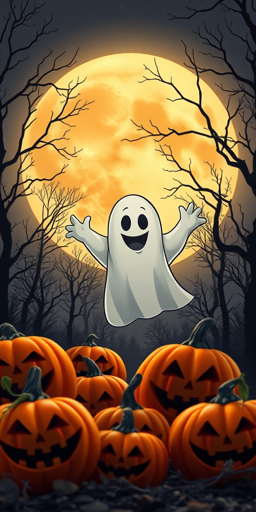 Create a vibrant Halloween scene featuring a cartoon ghost emerging from a background with a large full moon surrounded by leafless trees, with several grinning pumpkins in the foreground, captured with a Canon EOS R5, f/2.8 aperture, ISO 100, 24mm lens, using a wide-angle view for enhanced depth and clarity.