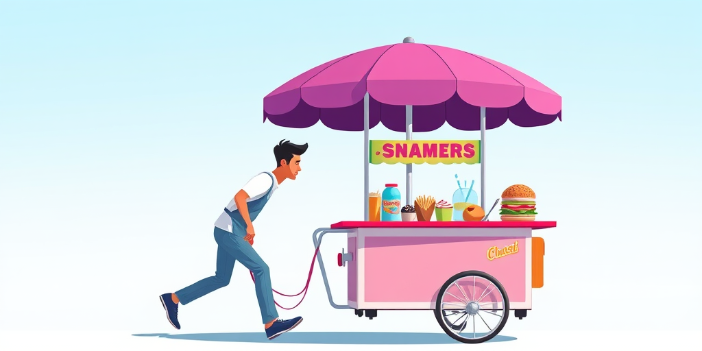 Create a vibrant illustration of a mobile food cart being pushed by a man, showcasing a variety of snacks like sandwiches and pastries under a purple umbrella, with a clear blue sky in the background, captured from a slightly elevated angle using a DSLR camera with a 50mm lens at f/2.8, ISO 200, and a shutter speed of 1/200s for sharp detail and vibrant colors.