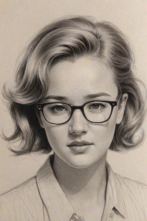 Stunning Haley Joel Osment, pencil sketch, portrait of Alluring woman 1955s in glasses, hair style beatnik, outline, clear lines, fine lines, 8k