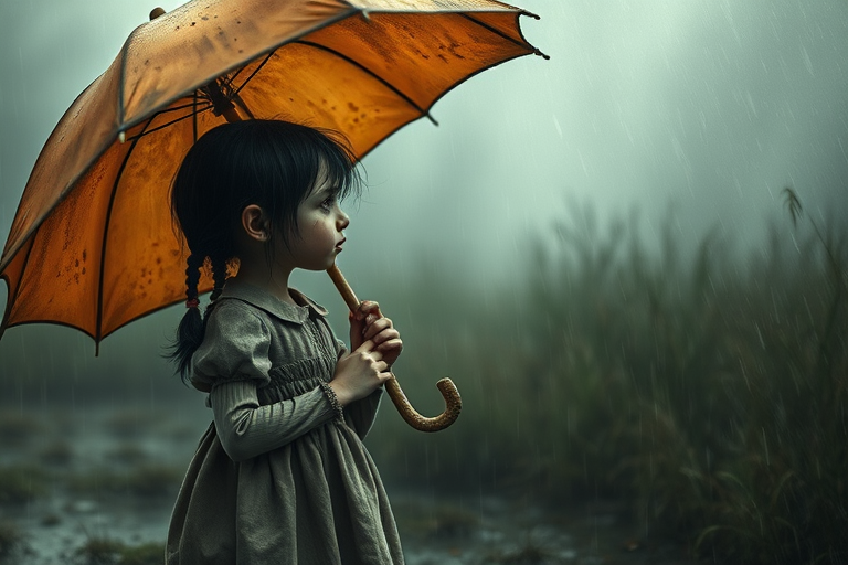 An eerie, weird little girl with dark hair in thin pigtails, wearing a smock dress, standing in the rain, holding a dirty orange umbrella, a small, odd creature beside her. In a surreal style inspired by Nicoletta Ceccoli and Brian Froud. Dark fantasy themes