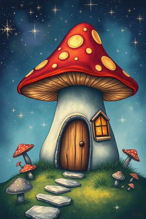 this photo is illustration of a mushroom house with a door and a window, a storybook , fantasy art, mushroom house, bg starry sky, sparkles