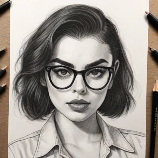 Stunning Charli XCX, pencil sketch, portrait of Superb woman 1931s in glasses, hair style beatnik, outline, clear lines, fine lines, 8k