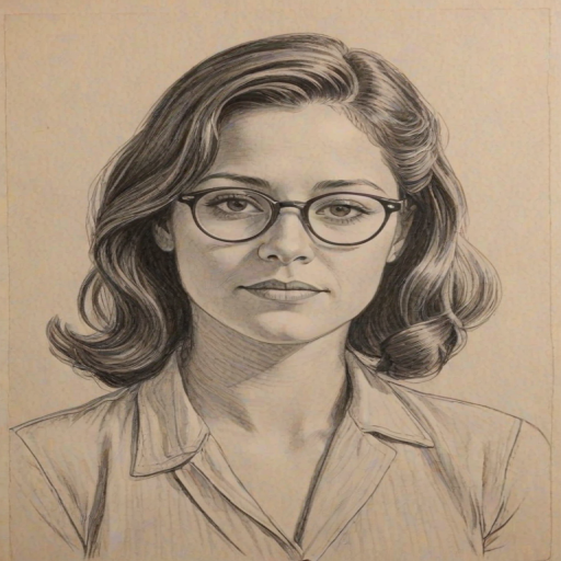 Attractive Kimberly McCullough, pencil sketch, portrait of Radiant woman 1946s in glasses, hair style beatnik, outline, clear lines, fine lines, 8k